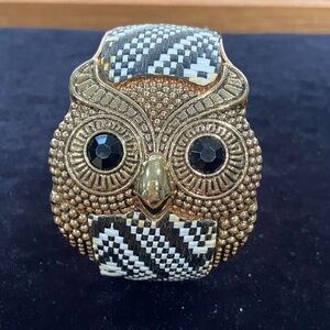 Vintage Style Gold Owl Hinged Cuff Bracelet Black & White Enamel Inlay